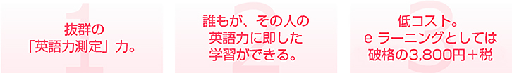 1.抜群の「英語力測定」力。2.誰もが、その人の英語力に即した学習ができる。3.低コスト。eラーニングとしては破格の2,940円（税込)